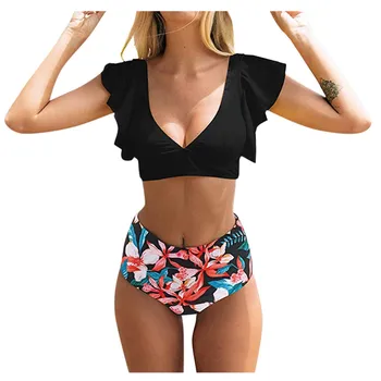 Visoko Pasu Ogrlicom Bikini Komplet 2020 Seksi Flounce Biquini Kopalke Ženske Dva Kosa Kopalke Cvetlični Plažo Proti-vrat kopalke