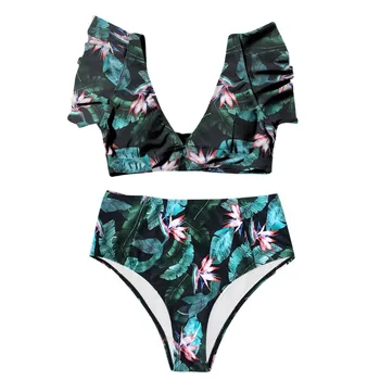 Visoko Pasu Ogrlicom Bikini Komplet 2020 Seksi Flounce Biquini Kopalke Ženske Dva Kosa Kopalke Cvetlični Plažo Proti-vrat kopalke