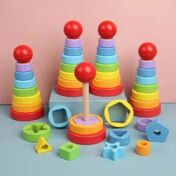 Vroče Prodati Puzzle Igre Otroci Igrače Mavrica stolp piramida Gnezdenje Zlaganje Baby Obliko Igre Igrača za Otroke DIY za Rojstni dan