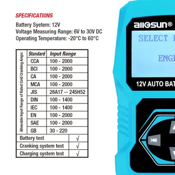 Vse-sonce EM571 12V Avtomobilski Digitalni Akumulator Tester LCD ob zagonu Polni Tester 100-2000 CCA Diagnostično Orodje