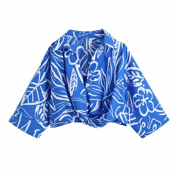 VUWWYV Za Bluze za Ženske Blue Print Crop Plus Velikost Vrhovi Ženska 2021 Poletje Širok Rokav Belovrati Bluzo Ženske Letnik Dame Vrhovi