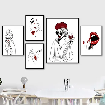 Wall Art Platno Slikarstvo Moda Seksi Ženska Rdeče Vino Rdeče Nohte, Ustnice Nordijska Plakati & Natisne Stenske Slike Za Dnevna Soba Dekor