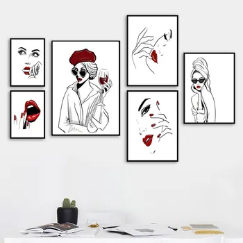 Wall Art Platno Slikarstvo Moda Seksi Ženska Rdeče Vino Rdeče Nohte, Ustnice Nordijska Plakati & Natisne Stenske Slike Za Dnevna Soba Dekor