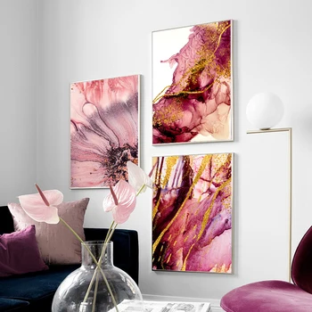 Wall Art Platno Slikarstvo sodobne zlato folijo linije pink Nodic Plakatov In Fotografij akvarel Stenske Slike Za Dnevna Soba Dekor
