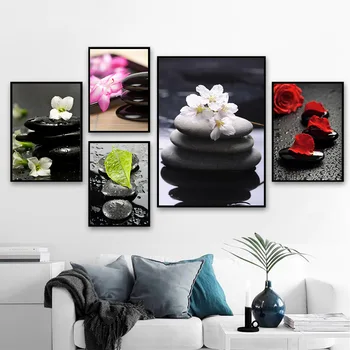 Wall Art Tisk Spa Black Zen Kamni Slikarstvo, Rdeča, Roza, Bela Orhideja Je Cvet Plakatov Stenske Slike Za Kopalnico, Kuhinjo, Modernih Dekor