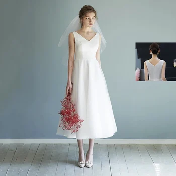 Weiyin AE0754 Nove Preprosto Poročno Obleko Saten Čaj Dolžina Rokavov V vratu poročne obleke 2021 Vestidos De Boda Novia