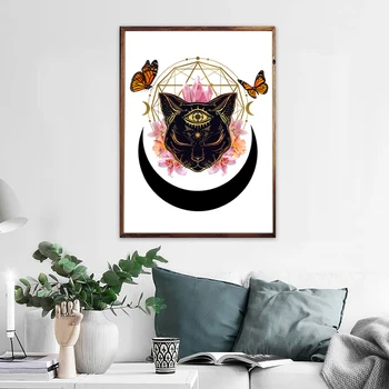 Witchy Dekoracijo Platno Slikarstvo Black Cat Norse Poganski Wall Art Natisne Triple Moon Wicca Plakati Čarovnice Slike Doma Dekor