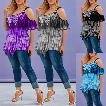 Women Plus Size Blouses Shirt Top For Summer Butterfly Print Off-Shoulder Irregular Hem Large Size Ladies Tshirt Top Blouse D30