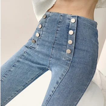 WOMENGAGA Moda High Street Slim Dvojno Zapenjanje Denim Svinčnik Hlače korejski Ne Stare Opere Split Jeans Ženska Kl2s