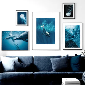 WTQ Dolphin Meduze Želva Ocean Potop Wall Art Platno, Slikarsko, Plakati, Tiskanje Nordijska Soba Dekor Slike Za Dekoracijo Doma