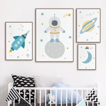 WTQ Risanka Sun Moon Star Astronavt Raketa Wall Art Platno Slikarstvo Nordijska Plakatov Tiskanje Fotografij Za Otroke Fant Soba Dekoracijo