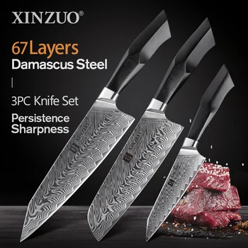 XINZUO 3PCS Kuhinjski Nož Set Damask Jekla Noži Newarrive Ultra Sharp Pribor Kuhar Pripomoček Santoku Nož Kuhinja Orodja