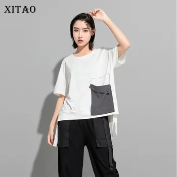 XITAO Vrvico Majica Fashion Nov Pulover Mozaik Pocket Majhne Sveže Priložnostne Slog, Naguban 2021 Poletje Tee Vrh LDD1633