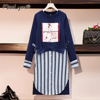 XL-5XL Ženske Plus Velikosti Majica Obleko Jeseni Leta 2020 Dolg Rokav Tiskanja Obliž Mozaik Svoboden Priložnostne Blue Stripe Majica Obleke