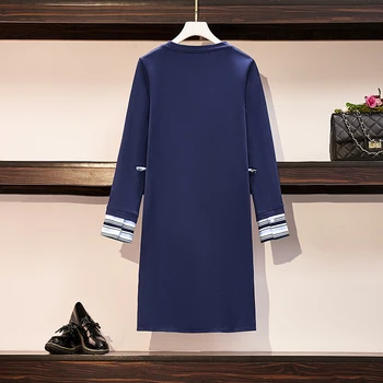XL-5XL Ženske Plus Velikosti Majica Obleko Jeseni Leta 2020 Dolg Rokav Tiskanja Obliž Mozaik Svoboden Priložnostne Blue Stripe Majica Obleke
