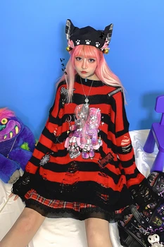 Y2K Japonski Harajuku Punk Luknje Pulover Rdeče, Črne Trakove svoboden Anime Tiskanja Zadrgo Raztrgala Pleteni Puloverji Gothic Dekliška Oblačila