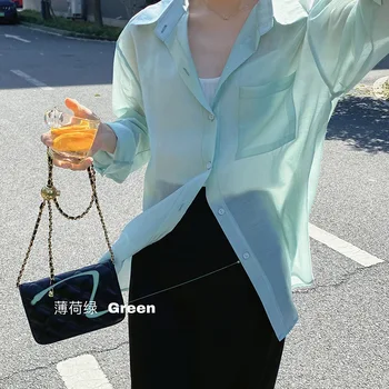 Yeeloca Moda Nekoliko Pregleden Tencel Shirt Ženski Poletje River Priložnostne Blousers Korejski Beloprsi Singl Dolg Rokav Vrh