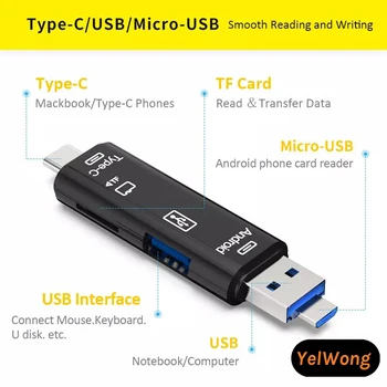 YelWong 5 In1 Tip C Micro USB OTG HUB Micro SD/TF Pomnilniških Kartic Prenosni Večfunkcijsko Pretvornik Cepilec Za Prenosni RAČUNALNIK