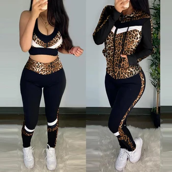 YICIYA Leopard Natisnjeni Ženske Trenirko 3 Kos Set Dolg Rokav Top Jakna Hlače Obleka 2021 Jeseni Hoodies Sportwear Ropa De Mujer