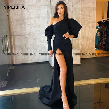 Yipeisha Asimetrične Črno Večerno Obleko z Rezanimi Poln Rokavi Sirena Party Prom Obleke za Formalne Priložnosti Haljo de Soiree