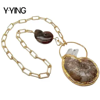 Y·YING Naravno Bela Quartzs Točke Polž Fosilnih ogrlico, Obesek, zlato barvo prevlečeni Verige Ogrlica 23