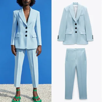 Za 2021 Poletje Ženska Ženski Modro Obleko Urad Enotni-zapenjanje Jopič Elegantna Pocket Design Priložnostne Visoko Pasu Žensko Obleko Hlače Obleko