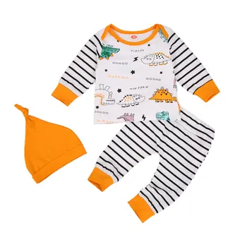 Za Novorojenčke Baby Boy 0-24M Oblačila, ki Novorojenega Dojenčka Baby Boy Dinozaver T shirt Vrhovi Črtaste Hlače Klobuk Obleke Set