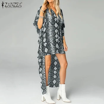 ZANZEA Moda Asimetrični Obleko 2021 Tiskanja Mini Vestidos Priložnostne Poletje Visoka Nizka Sundress Gospe Kratek Rokav Robe