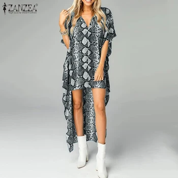 ZANZEA Moda Asimetrični Obleko 2021 Tiskanja Mini Vestidos Priložnostne Poletje Visoka Nizka Sundress Gospe Kratek Rokav Robe