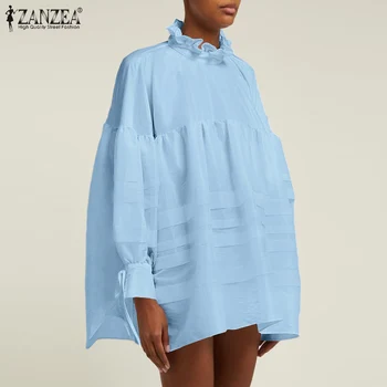 ZANZEA Priložnostne Bluzo 2021 Moda za Ženske, Ruffles Dolg Rokav Čipke Solid Majica Pomlad Blusas Svoboden Tunika Vrhovi Srajca
