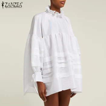 ZANZEA Priložnostne Bluzo 2021 Moda za Ženske, Ruffles Dolg Rokav Čipke Solid Majica Pomlad Blusas Svoboden Tunika Vrhovi Srajca