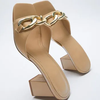 ZAR DTM ženske čevlje, visoko peto sandali, debelo peto verige, novo kvadratni toe, open-toed zadaj air pete sandali in natikači
