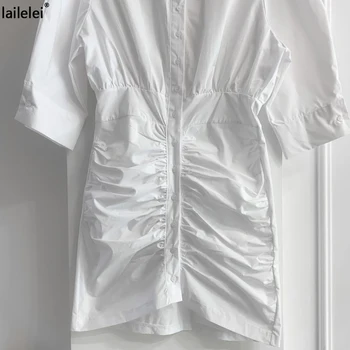 Zavoj navzdol Ovratnik Gumb Obleko srajco ruched poletje bela mini haljo srajca femme obleke za ženske 2021 elegantna kratka modra Blous
