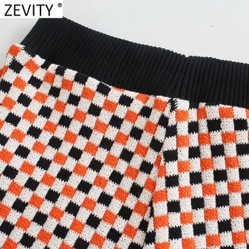 Zevity 2021 Ženske Letnik Kontrast Barve Kariran Vzorec Pletenje Kratke Hlače Ženske Ulične Casual Chic Slim Pantalone Cortos P1001