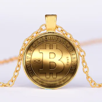 Zlato Barvo BTC Bitcoin Obliko Kovine, Steklo Obesek Ogrlice Za Moške, Ženske, Prijatelji, Navijači Nakit Darilo Priložnostni Kovanec
