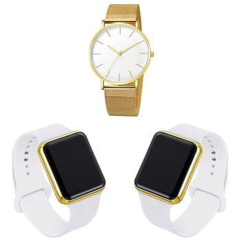 Zlato Preprost Stil Moških Ultra Tanek Podjetja iz Nerjavečega Jekla Očesa Pasu Kvarčne Ročne ure + 2 Digitalni Watch Kombinacija Za VIP