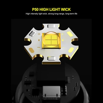 Zunanji Ročni P50 Svetilka USB Polnilne Taktično LED Bliskavica, Vodotesna Svetilka Svetilka Kampiranje Močan Flash Luči