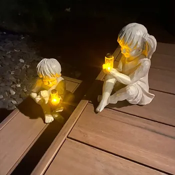 Zunanji Vrt 3D Firefly Z Otrokom Kip Sončne Energije Svetlobe Dekoracijo Obrti Kiparstvo LED Nočna Lučka Okraski Nepremočljiva A