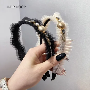 Čipke Pearl Trakovi Za Ženske 2021 Novo Ročno Vezenje Krono Poroko Nosorogovo Pribor Za Lase Svile Hairband Debelo