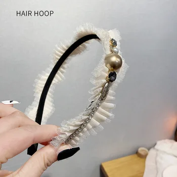 Čipke Pearl Trakovi Za Ženske 2021 Novo Ročno Vezenje Krono Poroko Nosorogovo Pribor Za Lase Svile Hairband Debelo