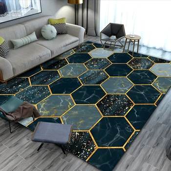Črno zlato, marmorja sodobnih luksuznih preproge za dnevno sobo, spalnica Območje Odeje Nordijska 3D Geometrijskih natisnjeni preprogo domači kavč talna obloga