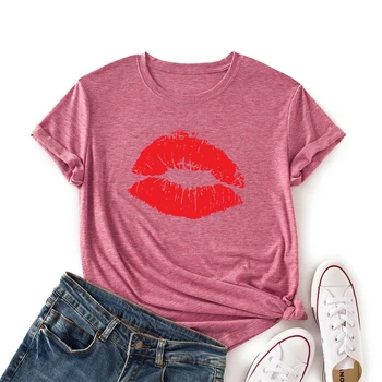 Ženska Kratek Rokav Barvni Grafični Tees Poletje T-Shirt Ženski zgornji deli oblačil Majice za Ženske Rdeča Poljubljanje Šminka Poljub Poljubljanje Ustnice