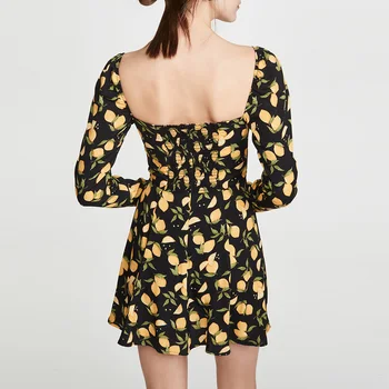 Ženska Obleka 2020 Pomlad Poletje Limone Tiskanja Vintage Obleke Za Ženske Obleke Nazaj Smocked Kvadratnih Vratu Dolg Rokav Mini Obleka