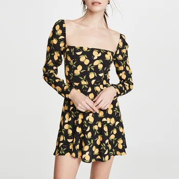 Ženska Obleka 2020 Pomlad Poletje Limone Tiskanja Vintage Obleke Za Ženske Obleke Nazaj Smocked Kvadratnih Vratu Dolg Rokav Mini Obleka
