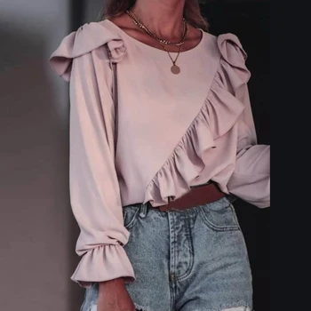 Ženske Bluze Jeseni Dolg Rokav Ruffles Tunika Vrh Flounce Naguban Urad Bluzo ženska moda 2020 elegantno ropa de mujer