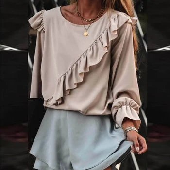 Ženske Bluze Jeseni Dolg Rokav Ruffles Tunika Vrh Flounce Naguban Urad Bluzo ženska moda 2020 elegantno ropa de mujer