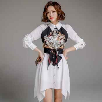 Ženske enodelne korejskem Slogu Temperament Zavoj navzdol Ovratnik, Dolgi Rokavi Print Single-Zapenjanje Shirt Obleko Čipke-Up 2021 Spomladi Nova