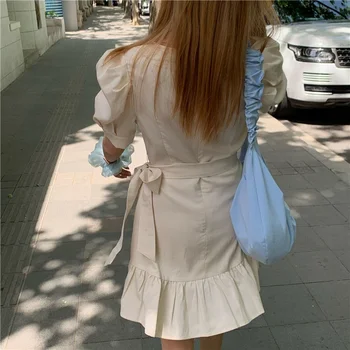 Ženske Kratke Rokav Obleka Udostojati Povoj Ruffles Proti-vrat Elegantno Nežen Puff-rokav Mini Obleke Seksi korejskem Slogu Nezakonitih Trendy