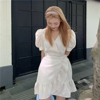 Ženske Kratke Rokav Obleka Udostojati Povoj Ruffles Proti-vrat Elegantno Nežen Puff-rokav Mini Obleke Seksi korejskem Slogu Nezakonitih Trendy