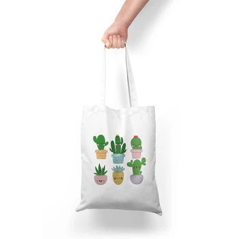 Ženske Platno Torba Kaktus Cvet Obrat Tiskanja Bombažno Krpo Načrtovati Belo Torbico Shopping Tote Okoljske Vrečke